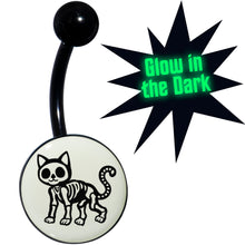 将图片加载到图库查看器,Black Anodized Glow in the Dark Skeleton Kitty Cat Belly Ring by Onyx O
