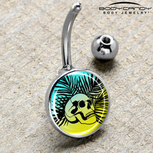 Load image into Gallery viewer, Blue Haze Sunset Skull and Palms Belly Ring by Onyx O