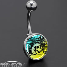 Load image into Gallery viewer, Blue Haze Sunset Skull and Palms Belly Ring by Onyx O