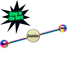 Load image into Gallery viewer, Custom Glow in the Dark Personalized Industrial Barbell in Rainbow Titanium