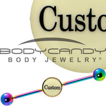Load image into Gallery viewer, Custom Glow in the Dark Personalized Industrial Barbell in Rainbow Titanium