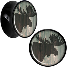 Load image into Gallery viewer, Holiday Rustic Wood Moose Black Acrylic Saddle Plug Set Sizes 5mm to 20mm