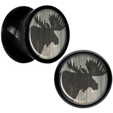Load image into Gallery viewer, Holiday Rustic Wood Moose Black Acrylic Saddle Plug Set Sizes 5mm to 20mm