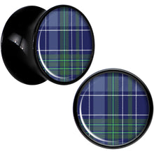 Load image into Gallery viewer, Holiday Blue Green Plaid Black Acrylic Saddle Plug Set Sizes 5mm to 20mm