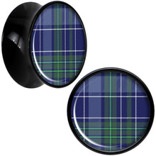 Load image into Gallery viewer, Holiday Blue Green Plaid Black Acrylic Saddle Plug Set Sizes 5mm to 20mm