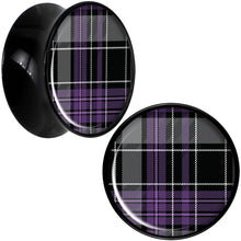 Load image into Gallery viewer, Winter Purple Black Plaid Black Acrylic Saddle Plug Set Sizes 5mm to 20mm