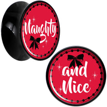 Load image into Gallery viewer, Red Holiday Naughty and Nice Black Acrylic Saddle Plug Set Sizes 6mm to 20mm
