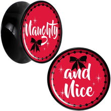 Load image into Gallery viewer, Red Holiday Naughty and Nice Black Acrylic Saddle Plug Set Sizes 6mm to 20mm