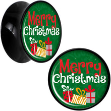Load image into Gallery viewer, Merry Christmas Presents Black Acrylic Saddle Plug Set Sizes 8mm to 20mm