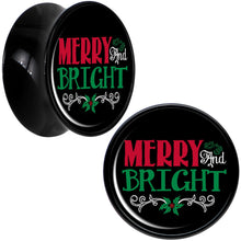 Load image into Gallery viewer, Christmas Merry and Bright Black Acrylic Saddle Plug Set Sizes 8mm to 20mm