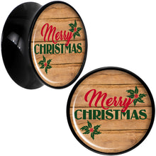 Load image into Gallery viewer, Rustic Wood Merry Christmas Black Acrylic Saddle Plug Set Sizes 8mm to 20mm