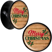 Load image into Gallery viewer, Rustic Wood Merry Christmas Black Acrylic Saddle Plug Set Sizes 8mm to 20mm