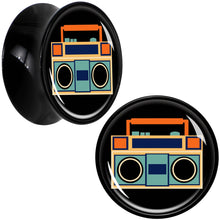 Load image into Gallery viewer, Black Acrylic Retro Boombox Double Flare Plug Set by Onyx O