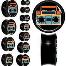 Load image into Gallery viewer, Black Acrylic Retro Boombox Double Flare Plug Set by Onyx O