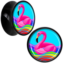 Load image into Gallery viewer, Black Acrylic Rainbow Sea Floating Flamingo Double Flare Plug Set by Onyx O