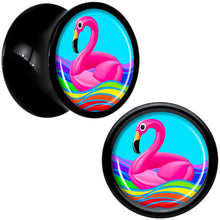 Load image into Gallery viewer, Black Acrylic Rainbow Sea Floating Flamingo Double Flare Plug Set by Onyx O