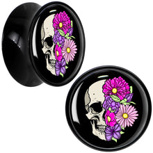 Load image into Gallery viewer, Floral Flowers Skull Black Acrylic Saddle Plug Set 8mm to 20mm by Onyx O