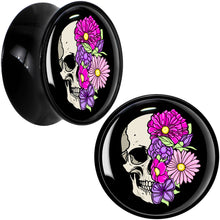 Load image into Gallery viewer, Floral Flowers Skull Black Acrylic Saddle Plug Set 8mm to 20mm by Onyx O