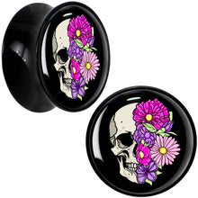 Load image into Gallery viewer, Floral Flowers Skull Black Acrylic Saddle Plug Set 8mm to 20mm by Onyx O