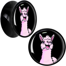 Load image into Gallery viewer, Pink Happy Llama Black Acrylic Saddle Plug Set 8mm to 20mm by Onyx O