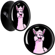 Load image into Gallery viewer, Pink Happy Llama Black Acrylic Saddle Plug Set 8mm to 20mm by Onyx O