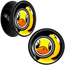 Load image into Gallery viewer, Magnified Yellow Duck Black Acrylic Saddle Plug Set 8mm to 20mm by Onyx O