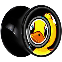 Load image into Gallery viewer, Magnified Yellow Duck Black Acrylic Saddle Plug Set 8mm to 20mm by Onyx O