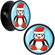 Load image into Gallery viewer, Black Acrylic Snowfall Holiday Penguin Double Flare Plug Set by Onyx O
