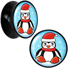 Load image into Gallery viewer, Black Acrylic Snowfall Holiday Penguin Double Flare Plug Set by Onyx O