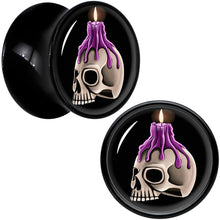 Load image into Gallery viewer, Black Acrylic Burning Skull Candle Double Flare Plug Set by Onyx O