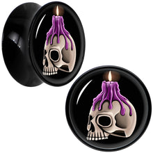Load image into Gallery viewer, Black Acrylic Burning Skull Candle Double Flare Plug Set by Onyx O