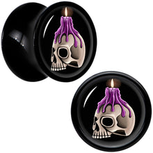Load image into Gallery viewer, Black Acrylic Burning Skull Candle Double Flare Plug Set by Onyx O