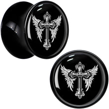 Load image into Gallery viewer, 0G Black White Winged Cross Black Acrylic Saddle Plug Set by Onyx O