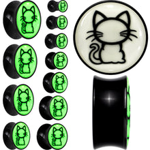 Load image into Gallery viewer, Glow in the Dark Kitty Cat Black Acrylic Saddle Plug Set 8mm to 20mm by Onyx O