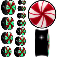 Load image into Gallery viewer, Black Acrylic Peppermint Candy Glow in Dark Double Flare Plug Set by Onyx O