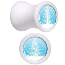 Load image into Gallery viewer, Winter Snow Covered Tree White Acrylic Saddle Plug Set Sizes 5mm to 20mm