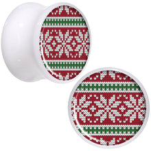 Load image into Gallery viewer, Red Green Christmas Sweater White Acrylic Saddle Plug Set Sizes 5mm to 20mm