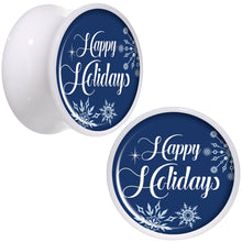 Load image into Gallery viewer, Happy Holidays Snowflake White Acrylic Saddle Plug Set Sizes 8mm to 20mm