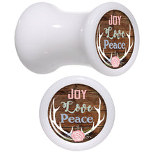 Load image into Gallery viewer, Rustic Joy Love Peace Antlers White Acrylic Saddle Plug Set Sizes 5mm to 20mm