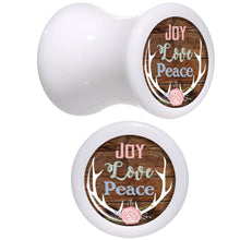 Load image into Gallery viewer, Rustic Joy Love Peace Antlers White Acrylic Saddle Plug Set Sizes 5mm to 20mm