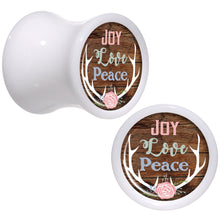 Load image into Gallery viewer, Rustic Joy Love Peace Antlers White Acrylic Saddle Plug Set Sizes 5mm to 20mm