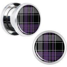 Load image into Gallery viewer, Winter Purple Black Plaid Screw Fit Plug Set Sizes 5mm to 20mm