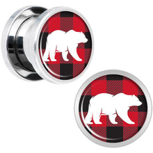 Load image into Gallery viewer, Red Black Plaid Polar Bear Screw Fit Plug Set Sizes 5mm to 20mm