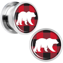 Load image into Gallery viewer, Red Black Plaid Polar Bear Screw Fit Plug Set Sizes 5mm to 20mm