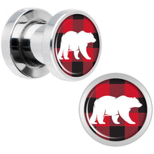 Load image into Gallery viewer, Red Black Plaid Polar Bear Screw Fit Plug Set Sizes 5mm to 20mm