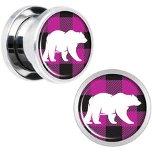 将图片加载到图库查看器,Pink Black Plaid Polar Bear Screw Fit Plug Set Sizes 5mm to 20mm