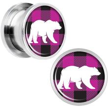 将图片加载到图库查看器,Pink Black Plaid Polar Bear Screw Fit Plug Set Sizes 5mm to 20mm