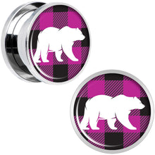 将图片加载到图库查看器,Pink Black Plaid Polar Bear Screw Fit Plug Set Sizes 5mm to 20mm