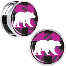 将图片加载到图库查看器,Pink Black Plaid Polar Bear Screw Fit Plug Set Sizes 5mm to 20mm