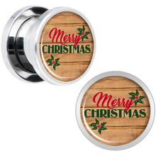 Load image into Gallery viewer, Rustic Wood Merry Christmas Screw Fit Plug Set Sizes 6mm to 20mm
